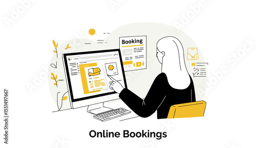 Young woman in a black blouse interacting with an online booking platform in a modern office setting. Viewing and selecting an item online.