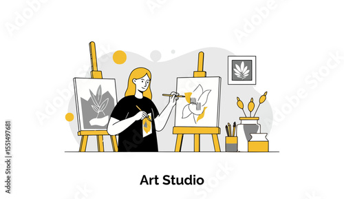 Young woman artist painting in an art studio with easels and supplies. A female artist working on a canvas in an art studio setting. Student artist painting in a home studio -