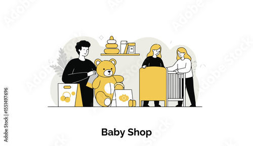 Young couple shopping for baby items in a modern baby shop. They examine a teddy bear and crib with friendly interaction.