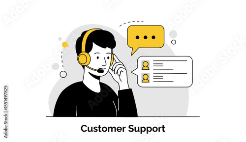 Young male customer support representative wearing headphones, actively listening to client inquiries in a modern office setting.
