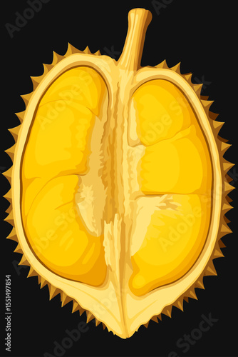 The image displays a durian fruit cut in half, revealing its rich, golden-yellow flesh. The creamy pulp is divided into multiple plump segments, surrounded by the thorny outer shell. The texture is sm