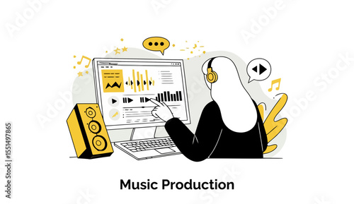 Female music producer in hijab working at a computer with music software. Interacting with audio files and editing a song in a home studio setting.