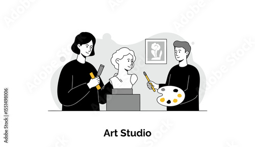 Female and male art students working in an art studio. Engaged in sculpting and painting with tools, a sculpture and paint palette, in a modern art studio.