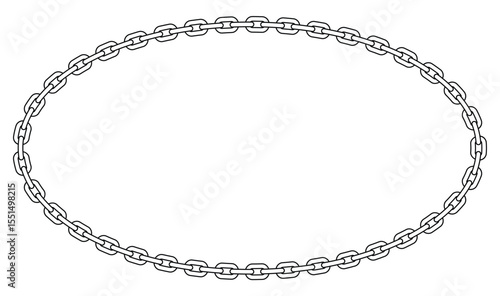 Minimalist black chain oval frame with geometric rectangular links looping continuously. Isolated on white, bold contrast. Symbolizes strength and order, clean vector illustration.