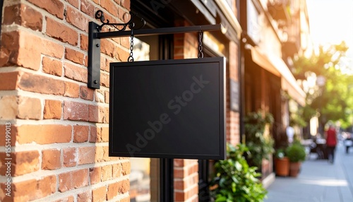 Blank Black Square Sign Hanging on Brick Wall Perfect for Business Branding