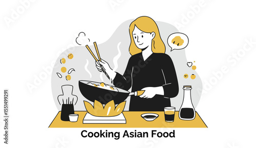 Female Asian cooking Asian food at home. A woman in casual wear skillfully using chopsticks to stir-fry food in a wok. Home cook preparing dinner. kitchen scene.