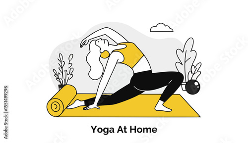 Female practicing yoga at home, performing a stretching pose on a yellow yoga mat. Yoga instructor demonstrating an exercise with home gym equipment.