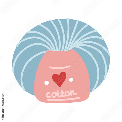 Weft of blue colored cotton threads, knitting yarn with label. Flat color isolated illustration. Cozy atmosphere. for packaging, sewing stores, handicraft blogs, creative goods, and handicrafts