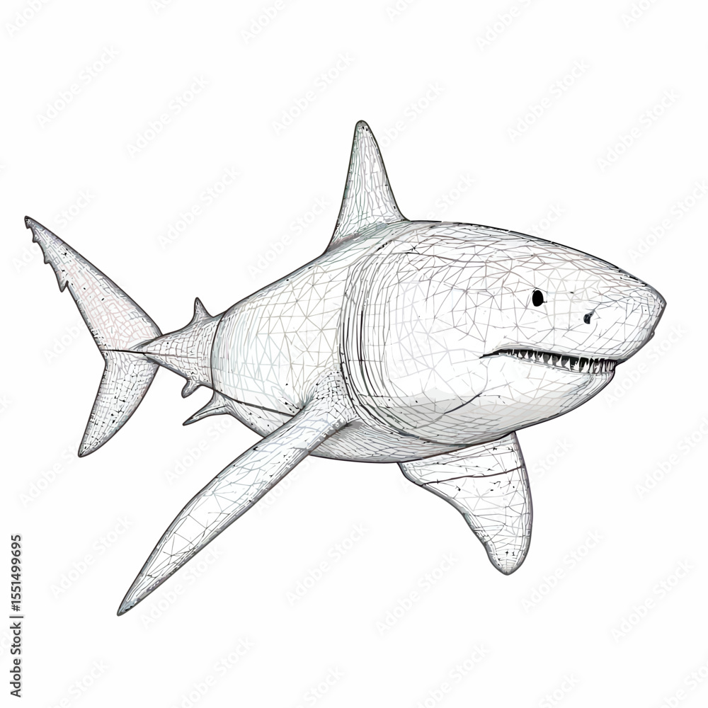Fototapeta premium 3D wireframe great white shark illustration with detailed geometric mesh structure swimming isolated on white background vector art design