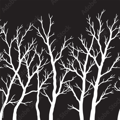 Classic black and white, seamless pattern design.  Isekai anime styled vector silhouettes of bare, irregularly branched trees. Detailed and clean, evoking a timeless and elegant winter theme.