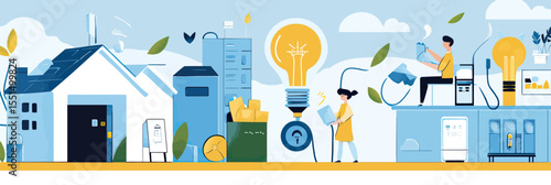 Sustainable energy saving lifestyle concept with people unplugging appliances using energy efficient bulbs in eco friendly home environment illustration