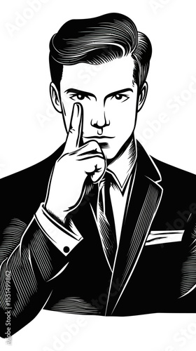 Black and white vector illustration of man in suit with finger on lips gesture for silence or quiet, minimalistic engraving style portrait of serious businessman in formal attire showing shushing sign
