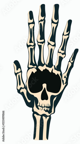 Flat minimalist vector illustration of human hand skeleton with skull shape palm design anatomy concept for medical or gothic art theme