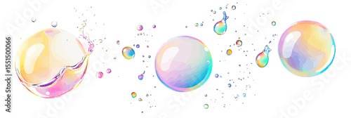 Realistic soap bubble burst animation set with glossy rainbow reflections, exploding soap balls with water droplets and splash effect isolated on white background vector illustration