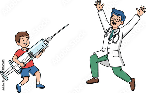 Cartoon Boy Holding a Giant Syringe and Doctor Celebrating: Fun Medical Concept with Playful Characters