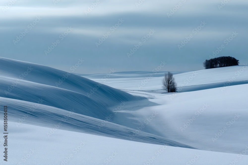 Obraz premium Winter landscape with snow-covered hills and a lonely tree on the horizon