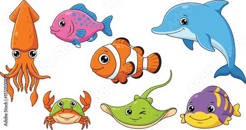 Cartoon Ocean Creatures: Colorful Sea Life Including Squid, Fish, Dolphin, Crab, Stingray, and Friendly Characters