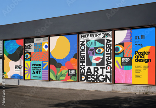 Five blank outdoor advertising posters are arranged in a row on a building's wall, ready for creative designs in a commercial area. PSD Mockup