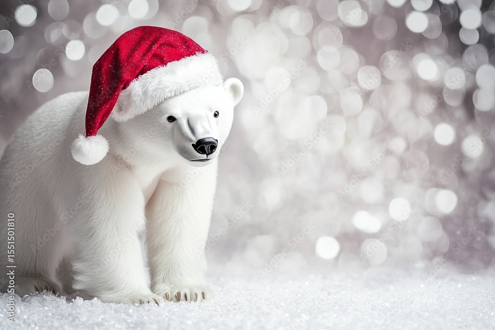 Cute polar bear in Santa hat standing on snowy ground with sparkling bokeh lights in festive winter background