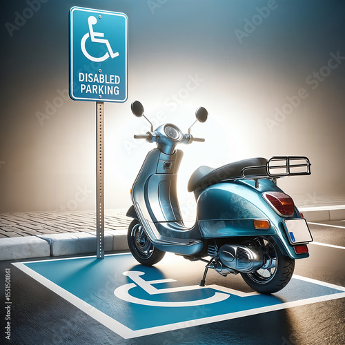 A scooter parked in a designated accessible parking space