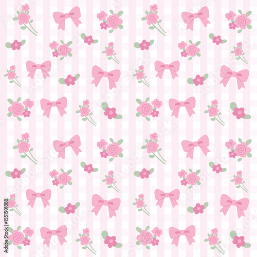 Coquette Ribbon and Flower Seamless Pattern on Stripe Background.Cute Pink Bow Repeat Design for Fabric, paper.