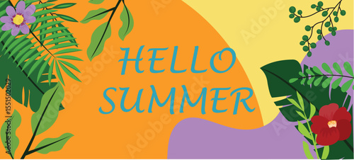 Summer horizontal background with bright abstract tropical leaves and flowers. Modern  minimalist style design template for sales, horizontal poster, header, cover, social media, fashion ads