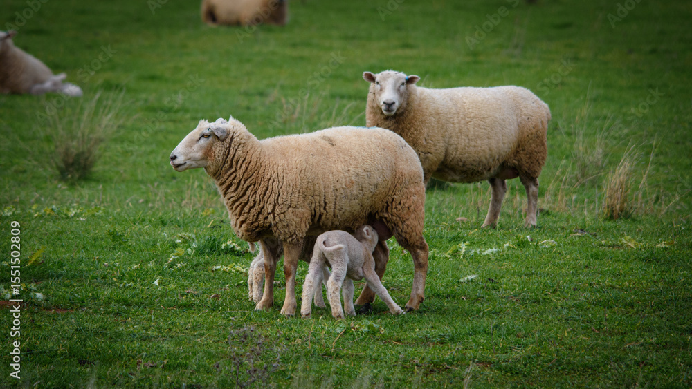 Lambs nursing from ewe in a green grassy field Lambs nursing from ewe in a green grassy field
