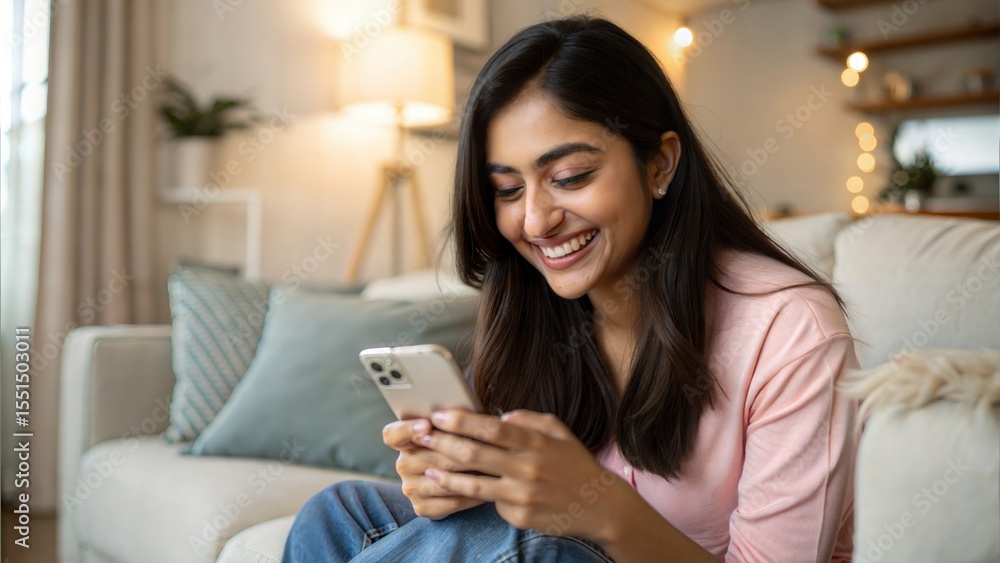 Indian girl from India smiling while reading messages on phone in living room
Indian girl from India smiling while reading messages on phone in living room