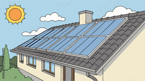 Solar panels on a house roof with sun and clouds isolated on Transparent Background