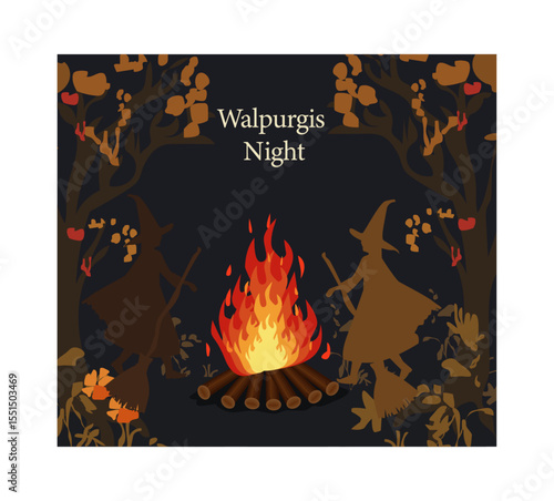 Fiery Walpurgis Night Bonfire in Autumn Woods Illustration-04