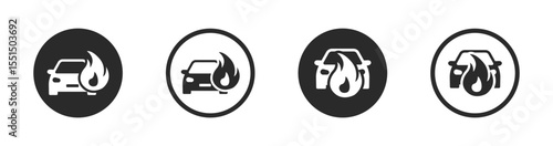 Car on fire vector icons set. Burning car sign. Car explosions concept
