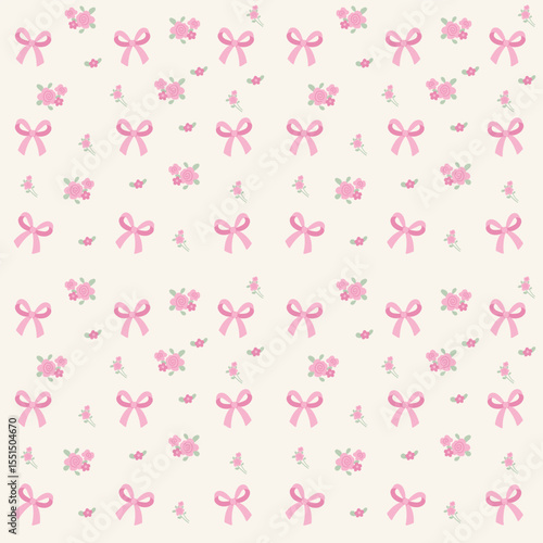 Coquette Ribbon Flower Seamless Pattern.Cute Girly Bow and Floral Pastel Background Design