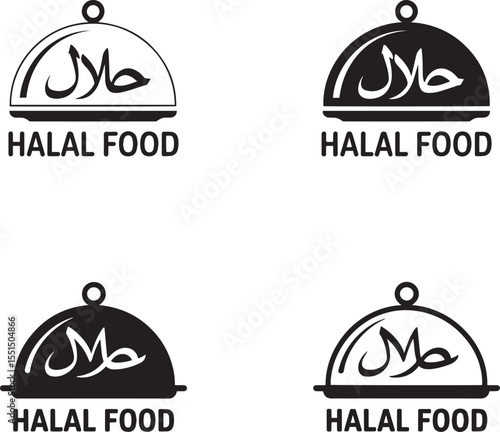 Four halal food certification logos with arabic script and text silhouette