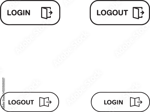 Set of four rounded rectangle buttons with login and logout text and icons silhouette