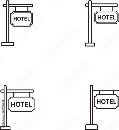 Four simple line art icons of hotel signs on poles silhouette