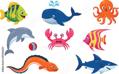 A cute, colorful collection of cartoon sea animals, including a fish, whale, octopus, dolphin, crab, angelfish, eel, and shark, isolated vector set.