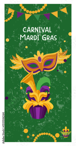 Playful Mardi Gras Illustration with Masks, Feathers, and Beads-04