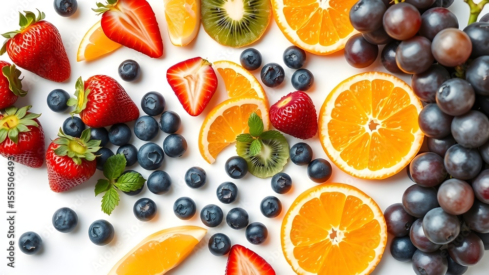 Assorted Fresh Fruits Flat Lay on White Background Assorted Fresh Fruits Flat Lay on White Background