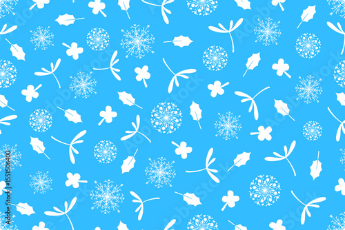 Pastel Christmas winter seamless pattern, snowflake, clover leaf, flower, for wrapping paper, fabric, background, clothes, book cover