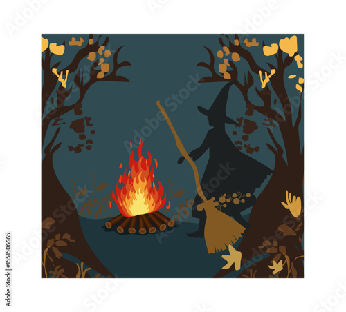 Fiery Walpurgis Night Bonfire in Autumn Woods Illustration-05