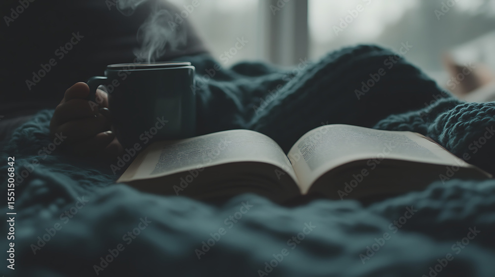 Obraz premium Relaxing with hot coffee and book on cozy winter morning