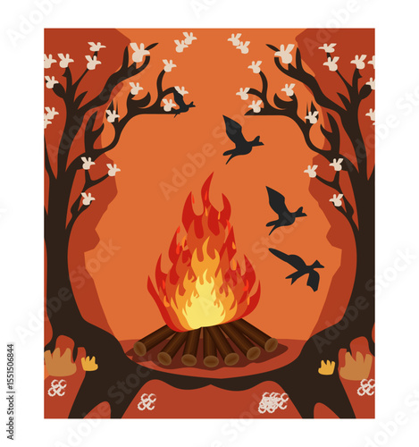 Fiery Walpurgis Night Bonfire in Autumn Woods Illustration-01