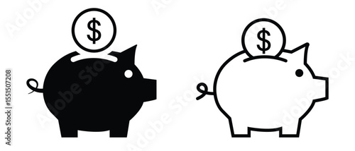Piggy bank icon. piggybank savings outline and black icon on white background. Silhouette icons of piggy banks with a dollar coin. Vector illustration.