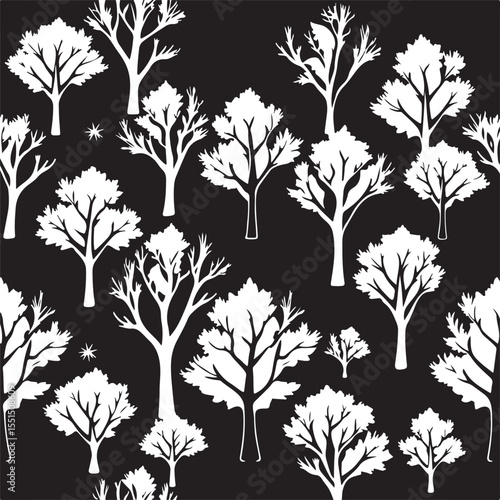 Seamless vector pattern  intricate black and white origami style silhouettes of bare, irregularly branched trees.  Geometrically precise, detailed, and clean with a classic, elegant winter theme. 
