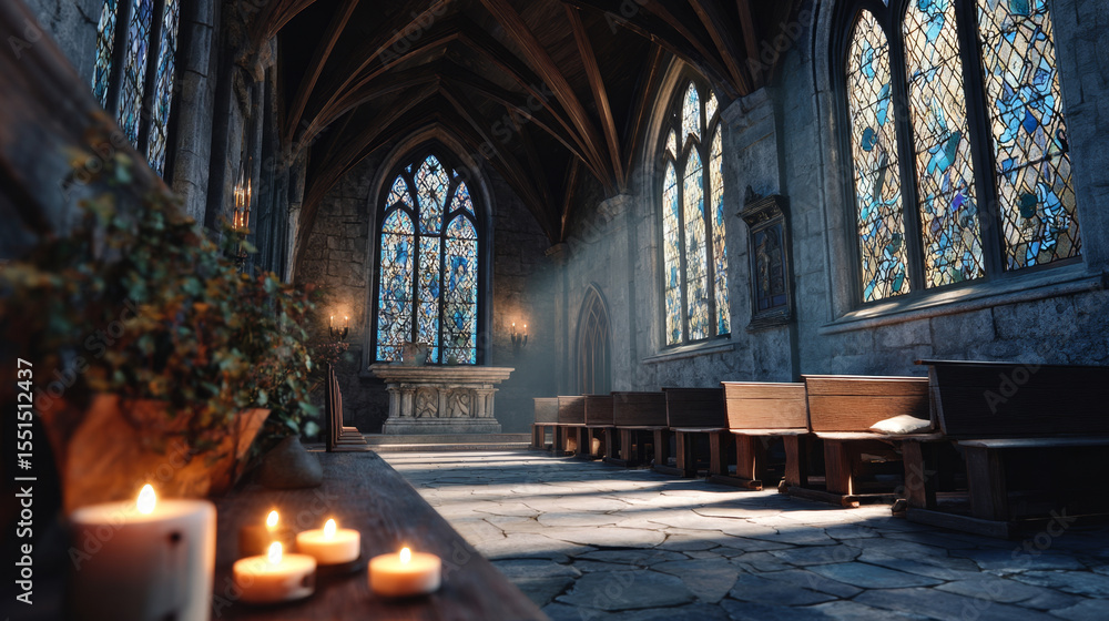 Fototapeta premium Interior of a medieval stone chapel with wooden benches and stained glass windows lit by candlelight