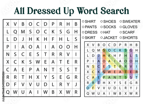 All Dressed Up Word Search Puzzle with Solutions Highlighted