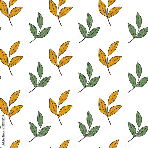 Botanical ornament featuring delicate leaves in yellow and green colors, doodle style design. Seamless pattern. For seasonal summer and autumn design, background decoration, wallpaper, cover, cards