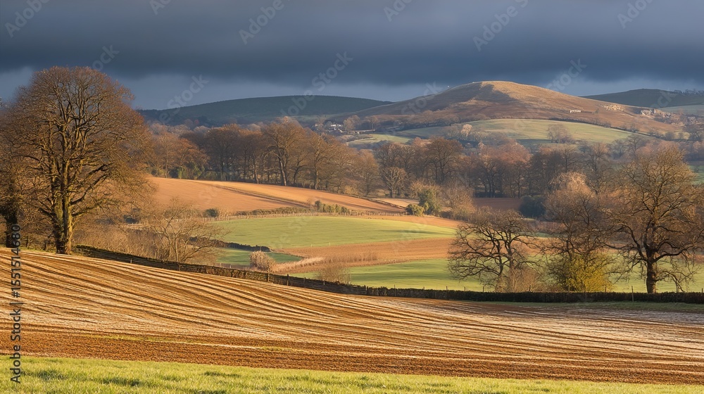 Fototapeta premium Rolling hills, farmland, and leafless trees under a dramatic sky. Sunlight illuminates the plowed fields and distant hills