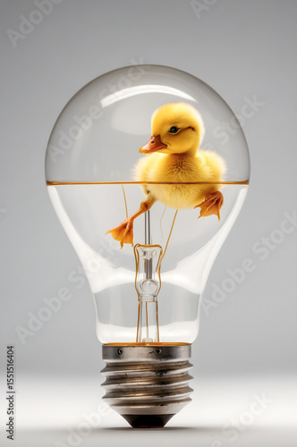Surreal digital artwork featuring a yellow duckling enclosed inside a transparent light bulb on a soft grey background
