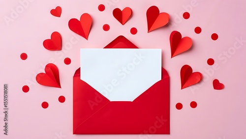 Romantic Valentine's Day greeting card mockup featuring a red envelope with a blank white card surrounded by paper hearts on a pink background perfect for love message design